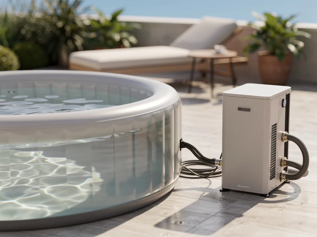 Spa gonflable équipé d'une pompe à chaleur sur une terrasse