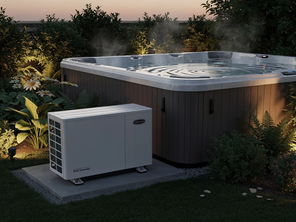 Pompe à chaleur Full Inverter installée près d'un jacuzzi de jardin
