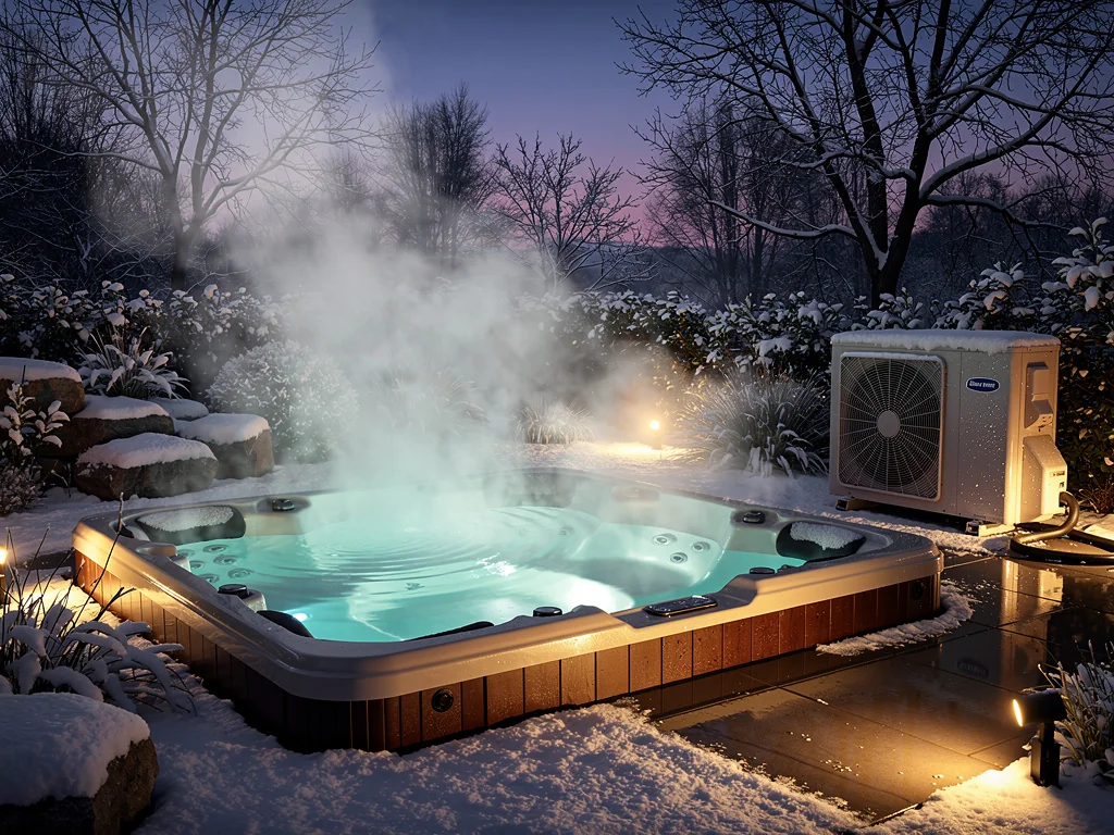 Spa extérieur fumant en hiver, chauffé par sa pompe à chaleur